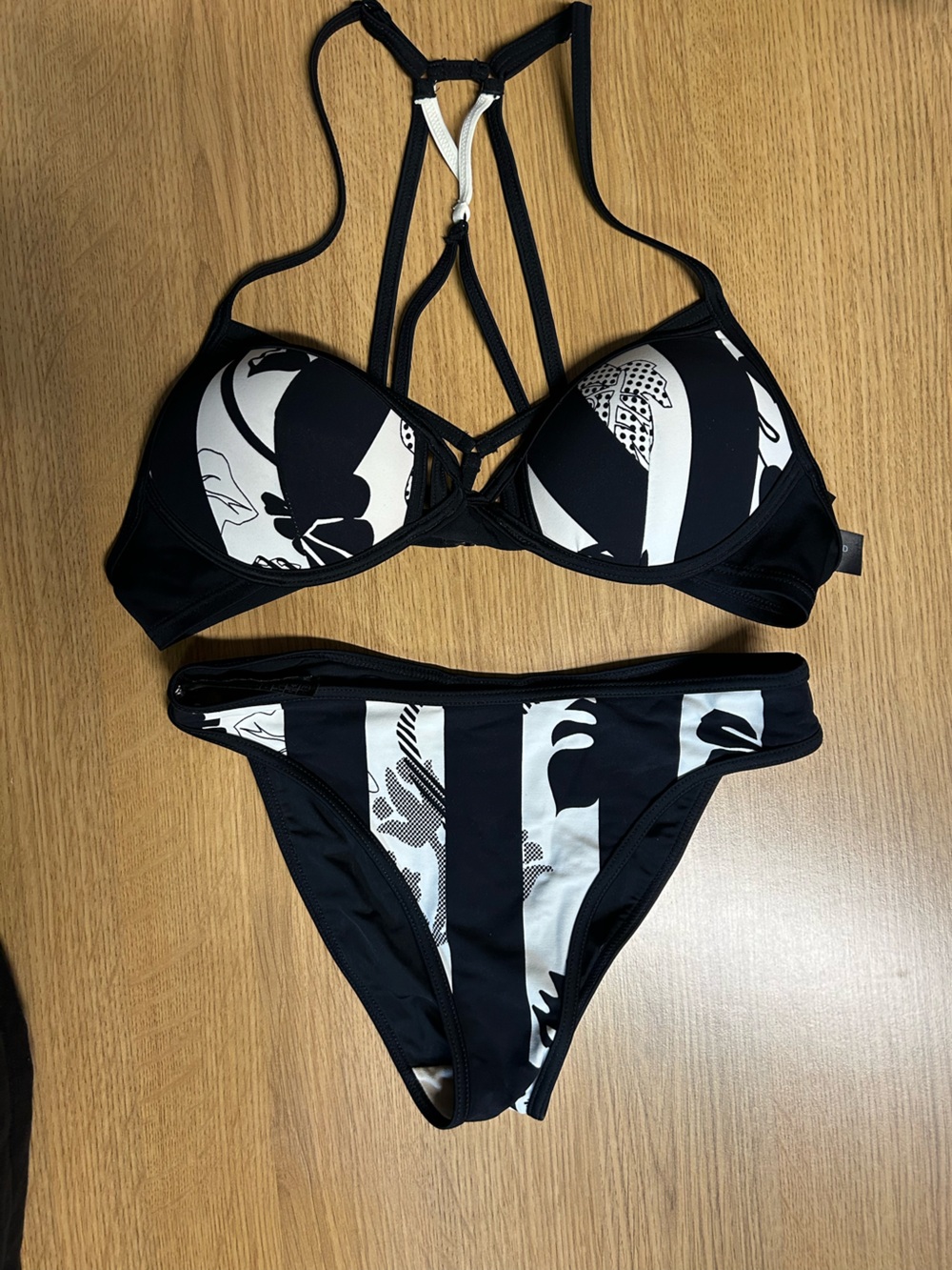 Black & White Striped Floral Bikini Set - Women's Swim Two-Piece